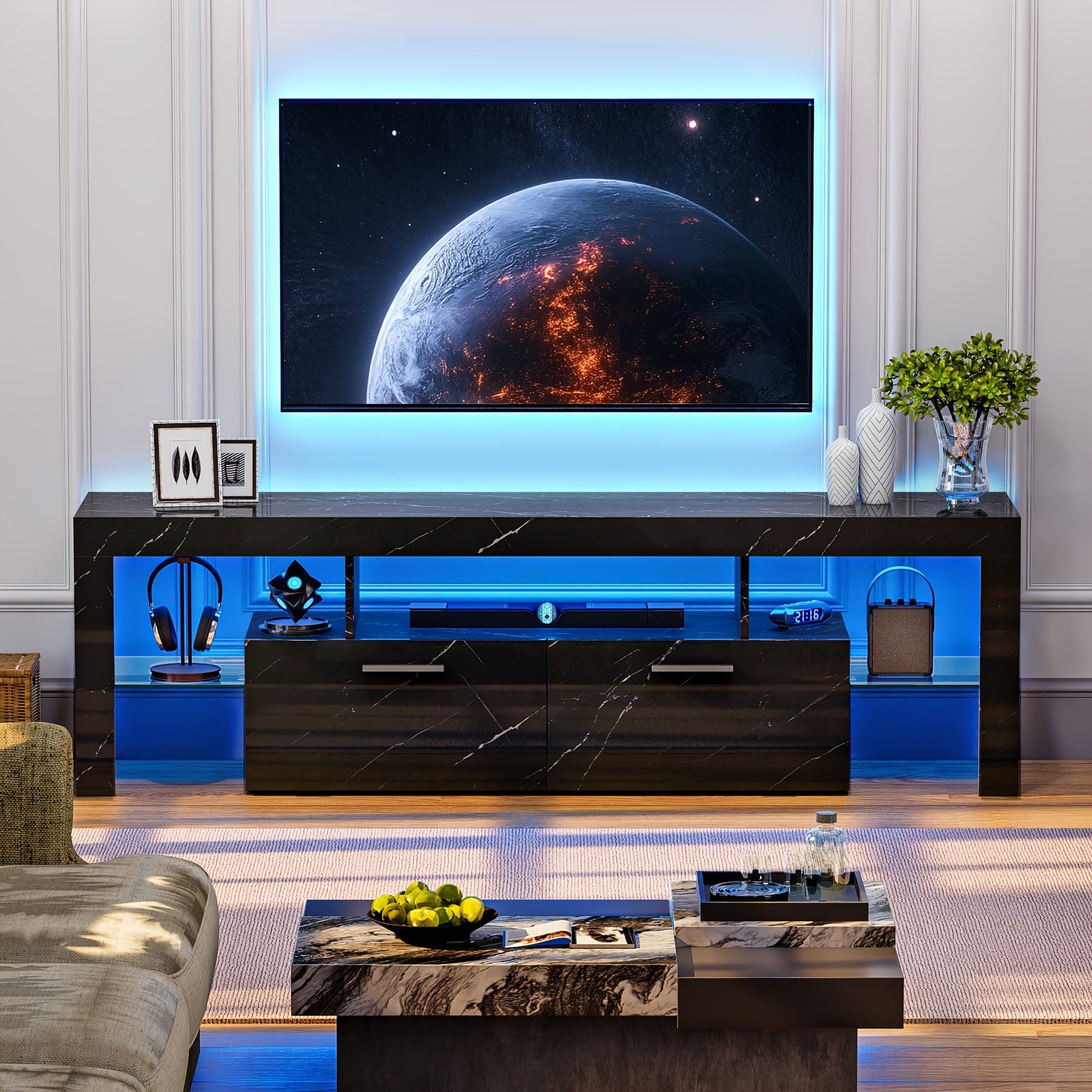 71" Black TV Stand for 55/65/75/80 Inch TVs, High Gloss LED Entertainment Center with Large Storage, Gaming Media Console TV Stand with Cabinet for PS5, Modern TV Table with Glass Shelves for Living Room, Bedroom, Game Room, Tv Stand For Living Room, Tv