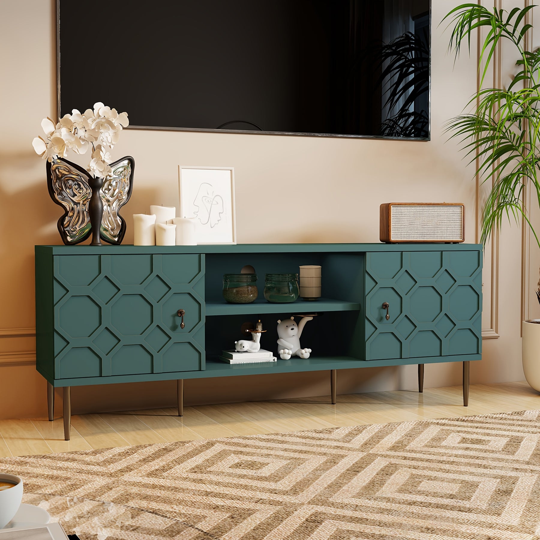 Modern TV Stand for 65/70inch TV, Entertainment Center with Storage Cabinet And Open Shelves, Embossed Pattern TV Stand, TV And Media Console for Living Room, Bedroom