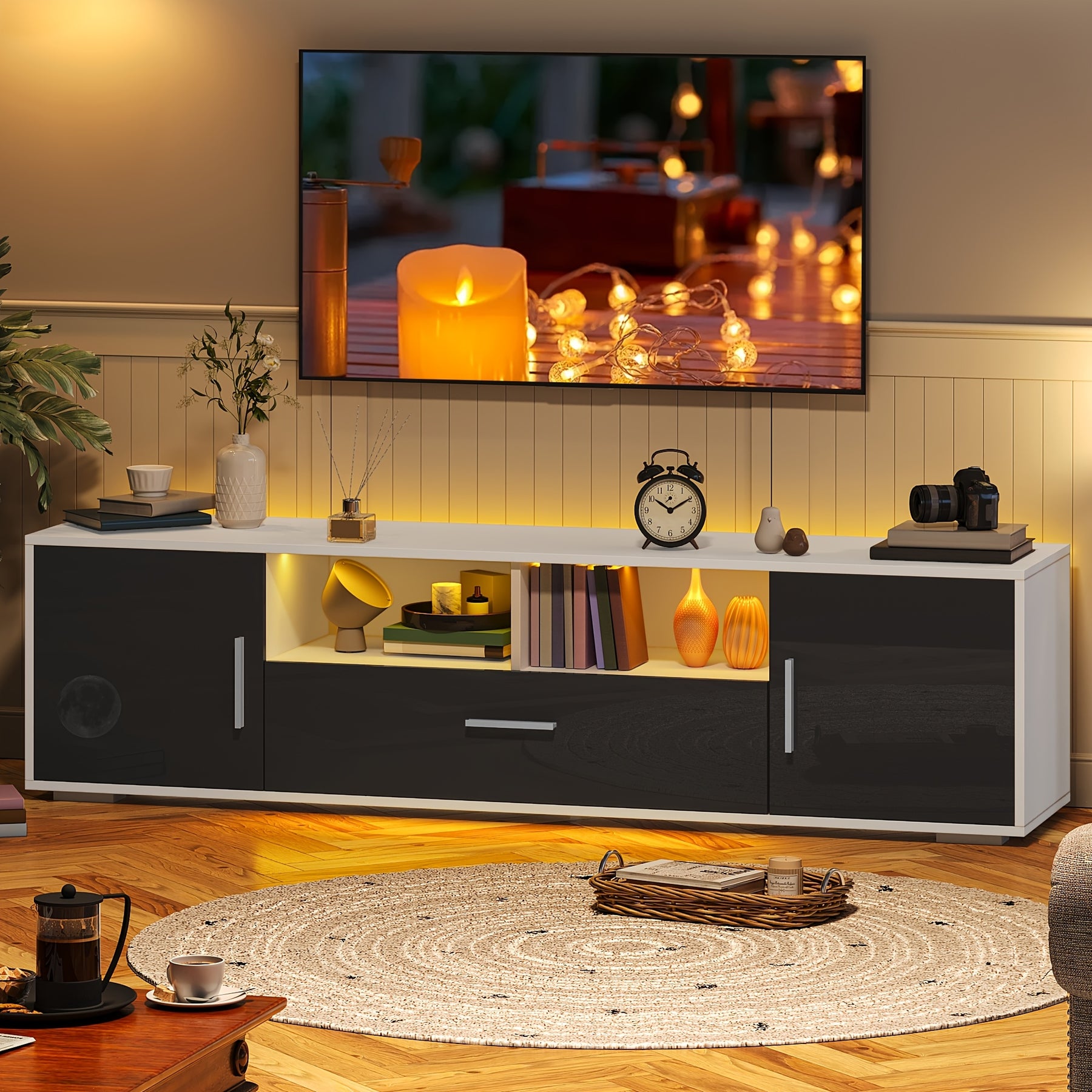 White TV Stand for 50/55 Inch TV, 56" Entertainment Center with LED Lights, Modern TV Stands for Bedroom, TV Console Table with Storage Cabinets And Open Adjustable Shelves for Living Room Bedroom
