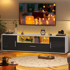 White TV Stand for 50/55 Inch TV, 56" Entertainment Center with LED Lights, Modern TV Stands for Bedroom, TV Console Table with Storage Cabinets And Open Adjustable Shelves for Living Room Bedroom