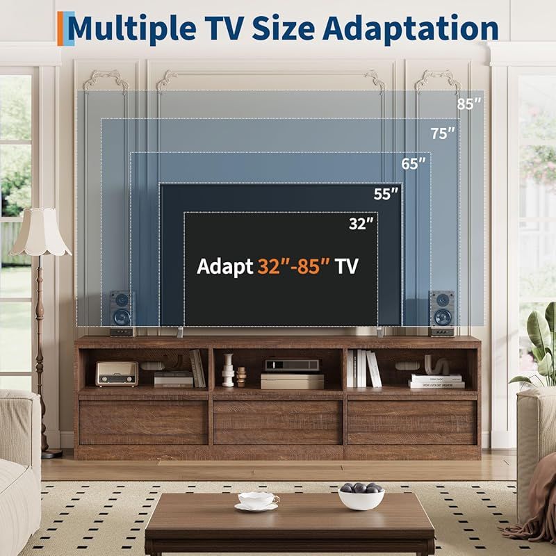 Floor Standing TV Stand for 75" TV, Mid-Century Modern Entertainment Center with 3 Drawers and Open Shelves, 70" Media Console for Living Room, Vintage/ Black/ White