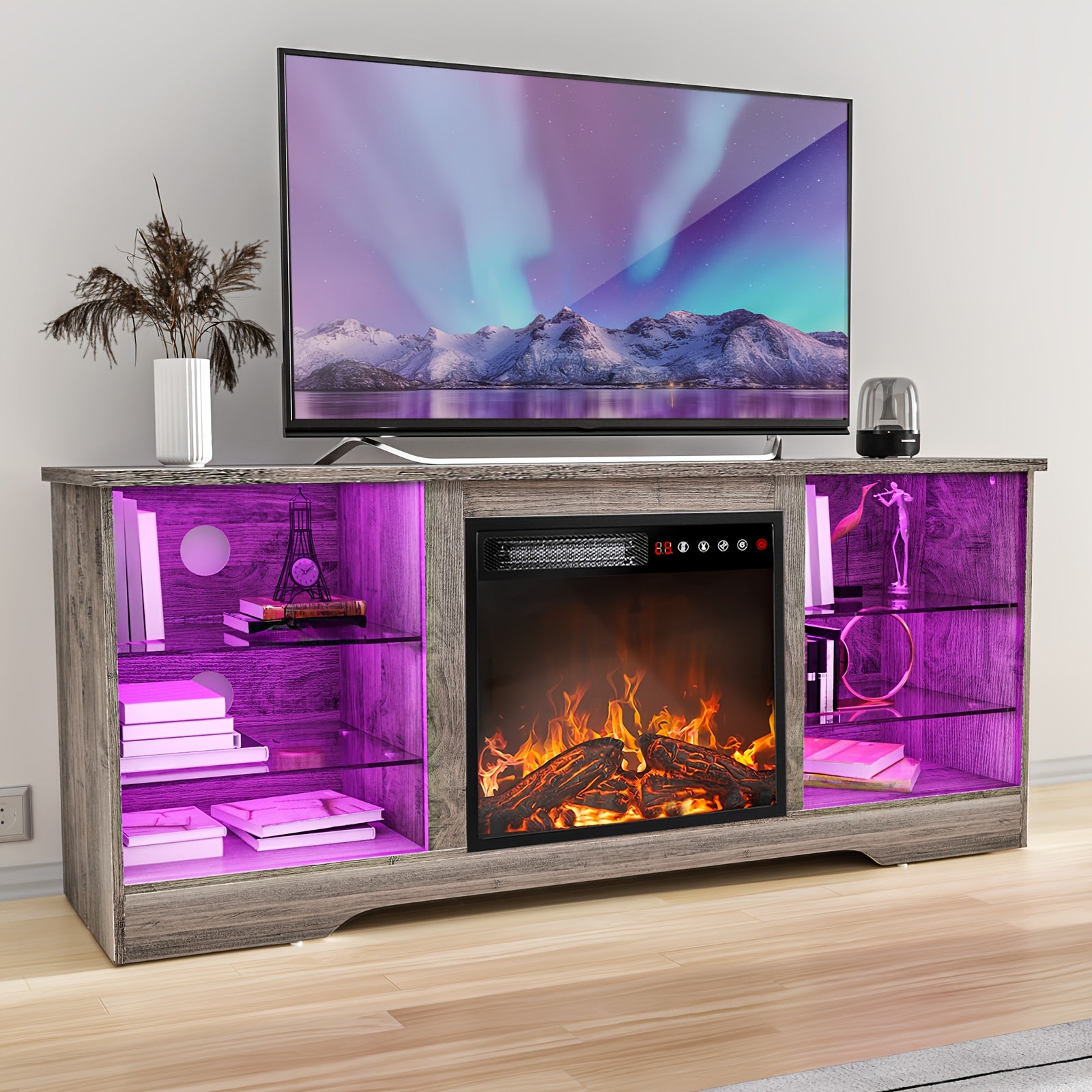 Fireplace TV Stand with 18-Inch Fireplace, Modern Entertainment Center for Tvs Up to 65 Inches, Media TV Console with Adjustable Glass Shelves And Storage Cabinets, Farmhouse TV Stand for Living Room