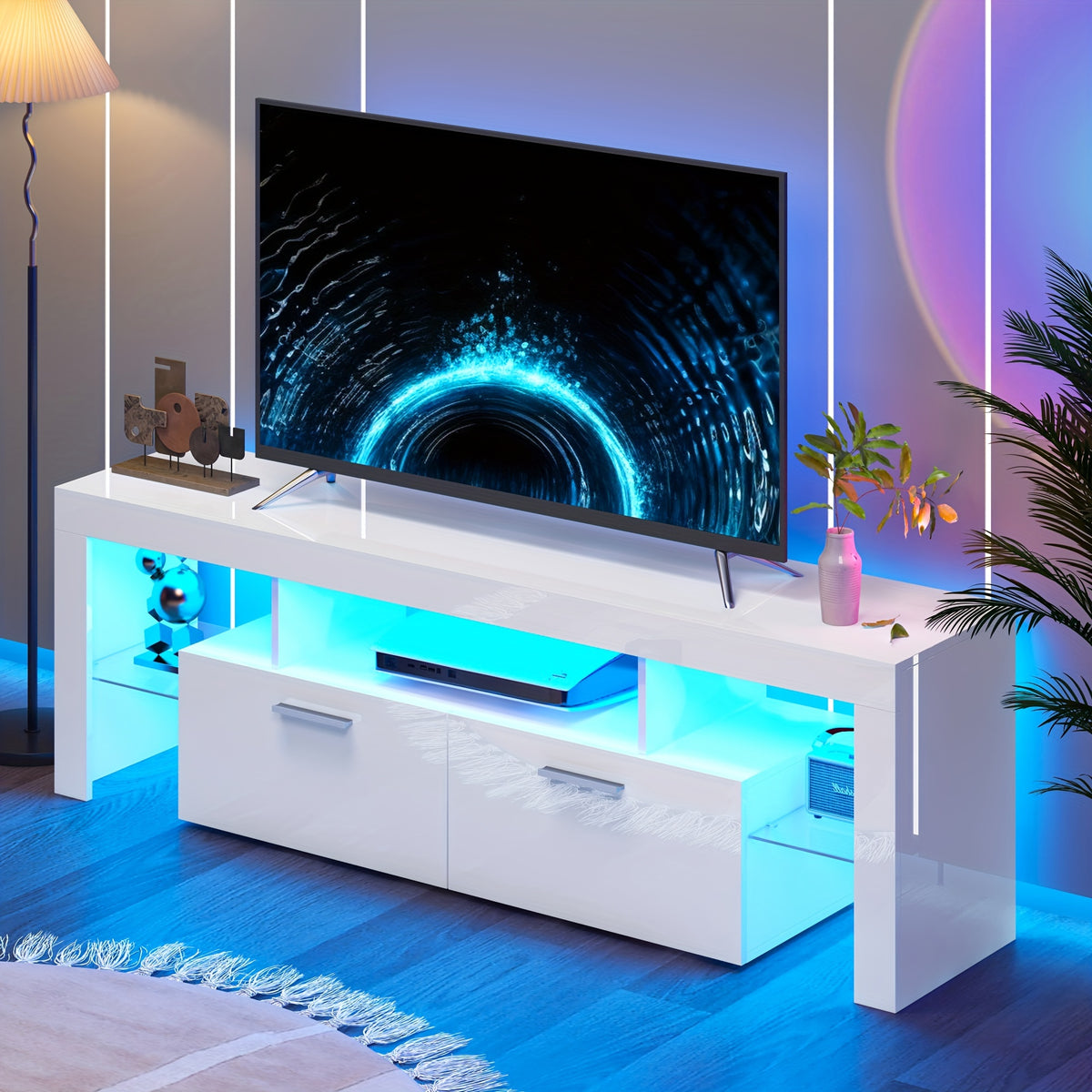 A Sleek LED TV Stand Designed for 55 to 80-Inch Televisions, Featuring a Universal Entertainment Center Equipped with Storage Drawers And LED Lighting. This Contemporary Media Console Is Suitable for Your Living Room, Game Room, Or Bedroom