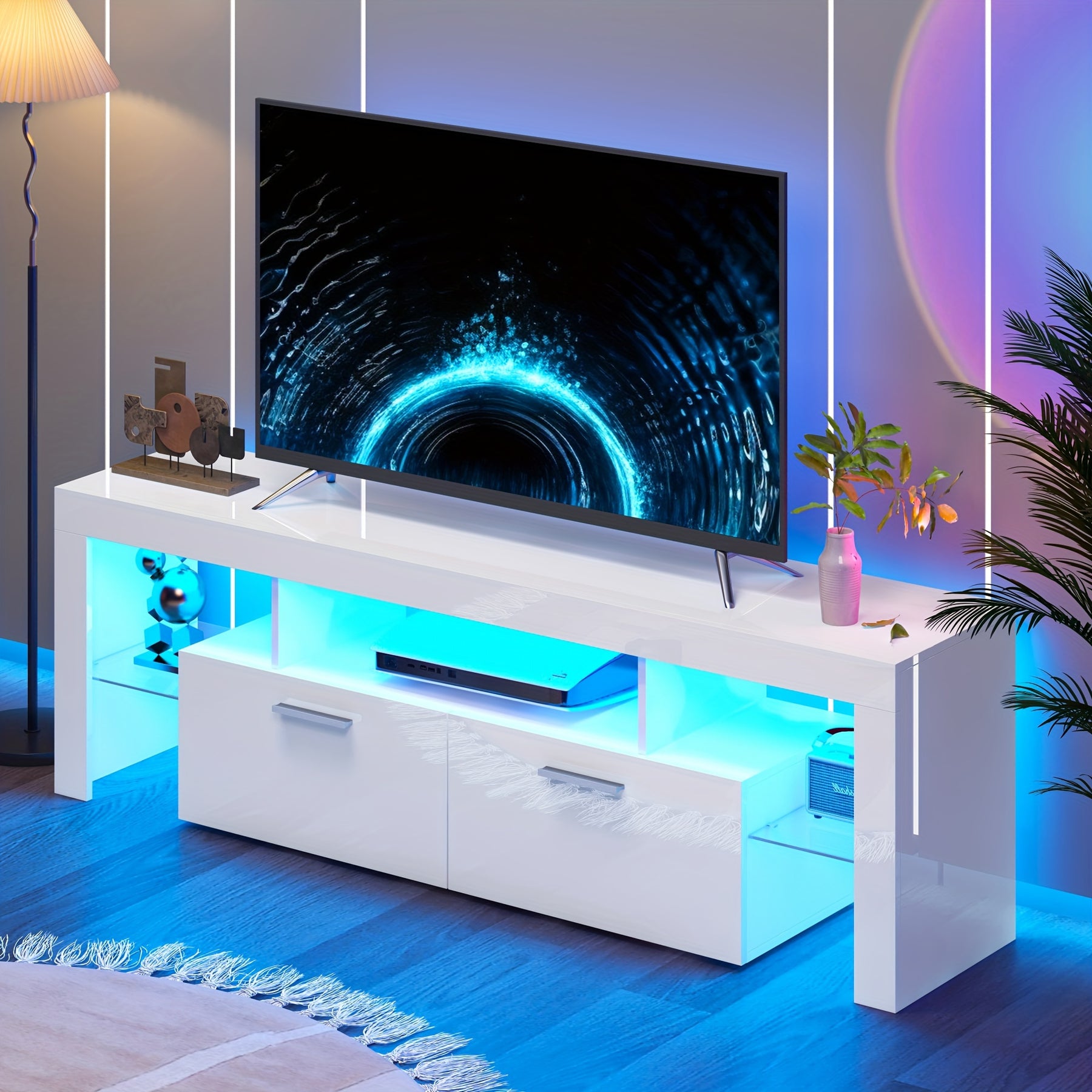 A Sleek LED TV Stand Designed for 55 to 80-Inch Televisions, Featuring a Universal Entertainment Center Equipped with Storage Drawers And LED Lighting. This Contemporary Media Console Is Suitable for Your Living Room, Game Room, Or Bedroom