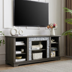 58.3' Modern TV Stand with Realistic Stacked Stone Surround, Entertainment Center with Storage Space, Modern TV Console Table for TVs Up to 65', Rack for Living Room