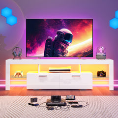 71" High Gloss White TV Stand with LED Lights for 55/65/75/80 Inch TVs, Gaming Entertainment Center with Cabinet for PS5, Modern Media Console Table with Glass Shelves for Living Room, Game Room, Bedroom