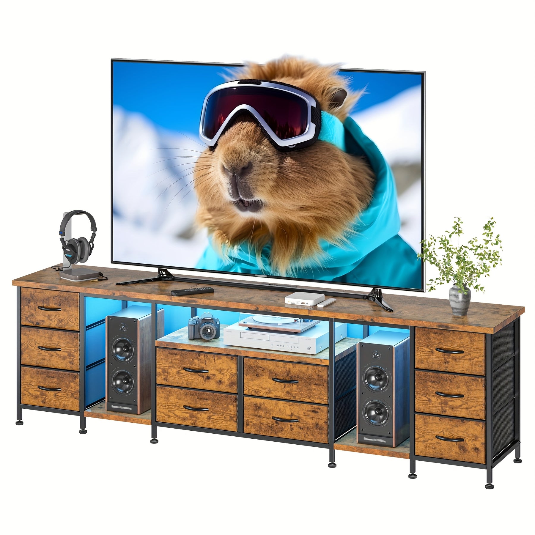 Fits 85" TV Stand Dresser for 75 80 85 Inch TV 75.5" W Dresser TV Stand for Bedroom with LED & Power Outlets & 10 Drawers Brown Dresser for Bedroom Long Fabric Dresser Entertainment Center, Two Colors.