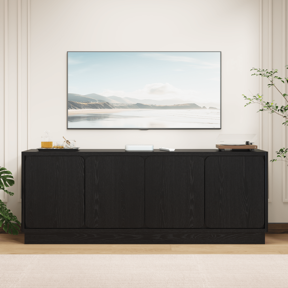 Black 63 Inch TV Stand with 4 Storage Doors, Wood Particle Board Media Console Cabinet with Cable Holes, Low Profile, Modern TV Cabinet for Living Room