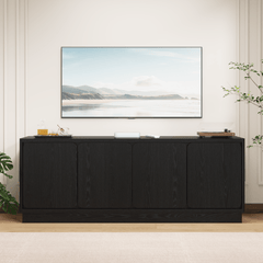 Black 63 Inch TV Stand with 4 Storage Doors, Wood Particle Board Media Console Cabinet with Cable Holes, Low Profile, Modern TV Cabinet for Living Room