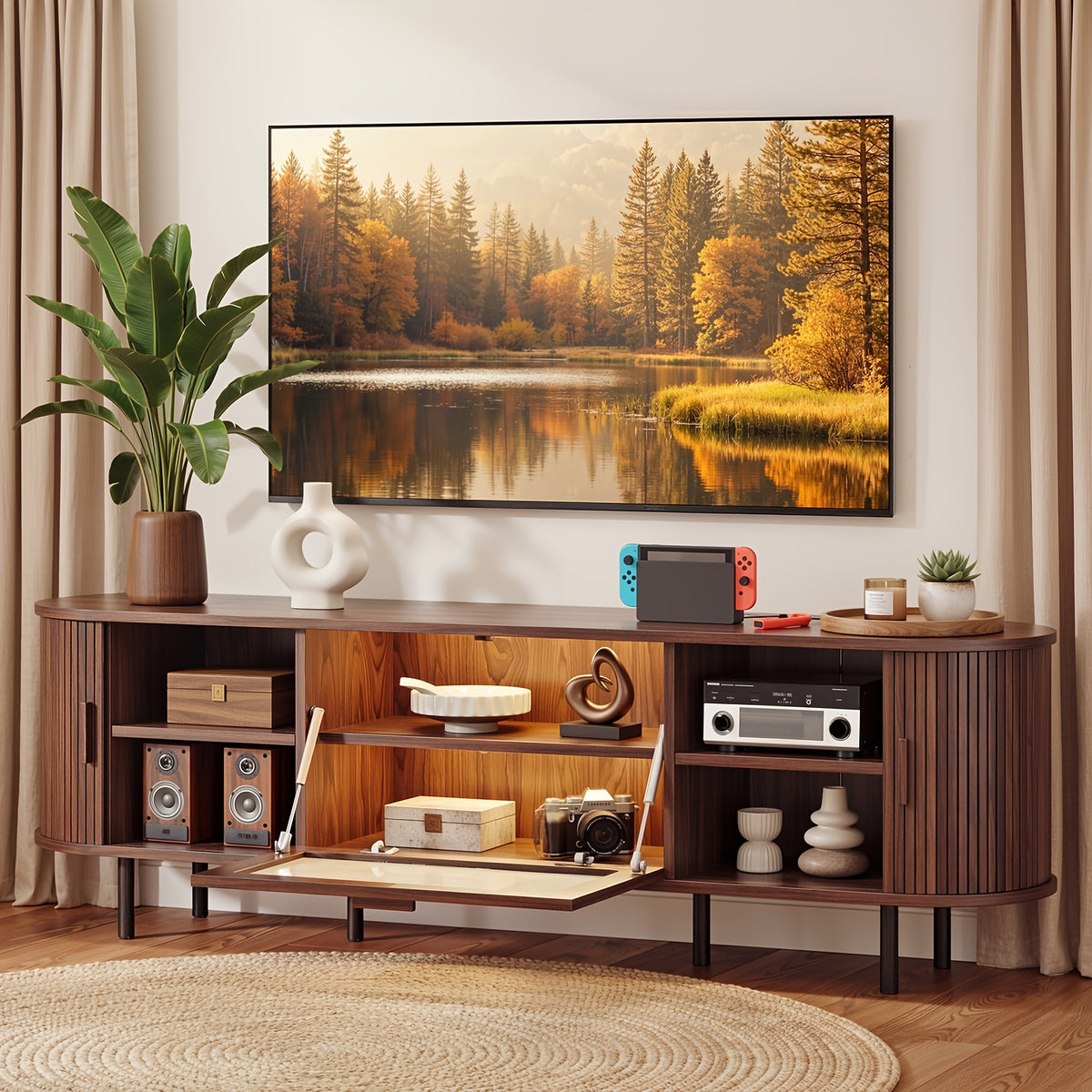 71" TV Stand With Built-in Outlets, Black Entertainment Center With Sliding Door And Glass Door, Adjustable Shelf Media Console For Living Room, Fits 80" TVs, Walnut