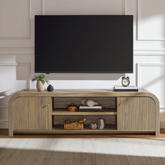 70" Fluted Rounded TV Stand for Tvs Up to 80", Curved Wooden Media Console with Soft Close Cabinet Doors & Adjustable Storage Shelves, Modern Farmhouse Entertainment Center for Living Room