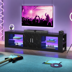 LED TV Stand for 55/60/65/70/75/80 Inch TV, Marble Pattern Gaming Entertainment Center with PS5, Xbox, Modern TV Cabinet with Storage And LED Lights, TV Console with Adjustable Glass Shelves for Living Room, Bedroom, White Or Black Marble