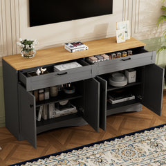 Farmhouse TV Stand with 2 Drawers for Tvs Up to 70', Versatile Wood Grain Sideboard with Adjustable Shelves, Mid-Century Buffet Cabinet with Rustic Handles for Living Room/Bedroom, Grey