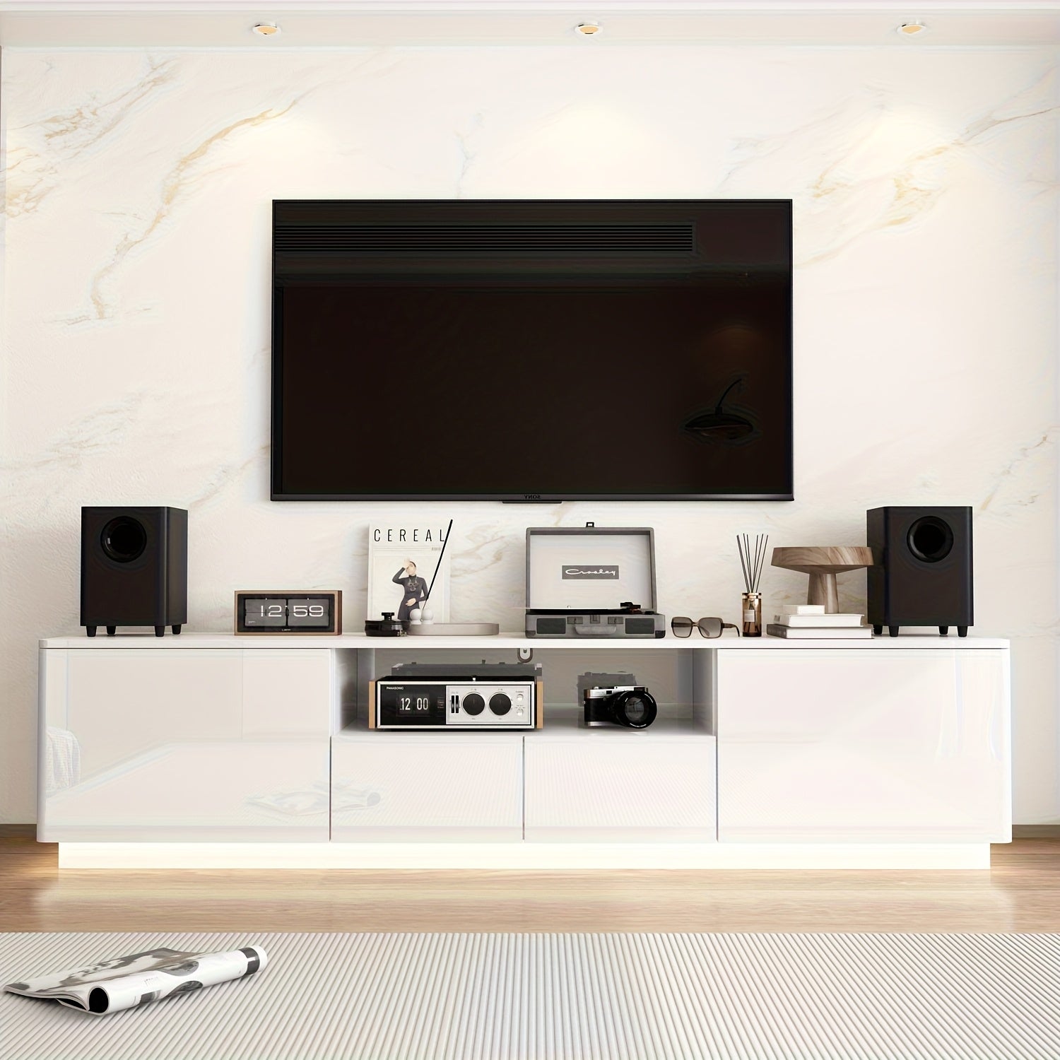 Modern LED TV Stand Measuring 70.8 Inches Wide, Suitable for Televisions Up to 75 Inches. This Media Console Features Four Drawers And a Glossy End, Designed As an Entertainment Center with Open Shelving, Perfect for Living Rooms Or Bedrooms