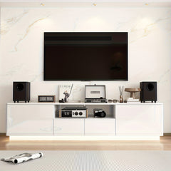 Modern LED TV Stand Measuring 70.8 Inches Wide, Suitable for Televisions Up to 75 Inches. This Media Console Features Four Drawers And a Glossy End, Designed As an Entertainment Center with Open Shelving, Perfect for Living Rooms Or Bedrooms