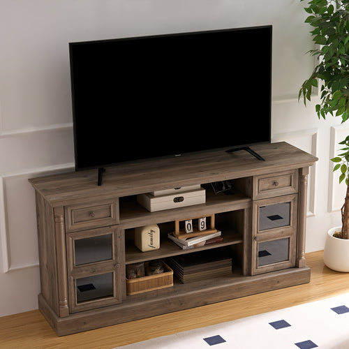 Farmhouse Fireplace TV Stand with Roman Column Styling, Up to 80-inch TV, 70-inch Modern Tall Entertainment Center with LED Lights, Living Room Media Console