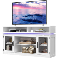 Farmhouse TV Stand for TVs Up to 65 Inches, Tall Entertainment Center with Storage Cabinets & LED Lights, Media Console for Living Room, Bedroom, Home Theater
