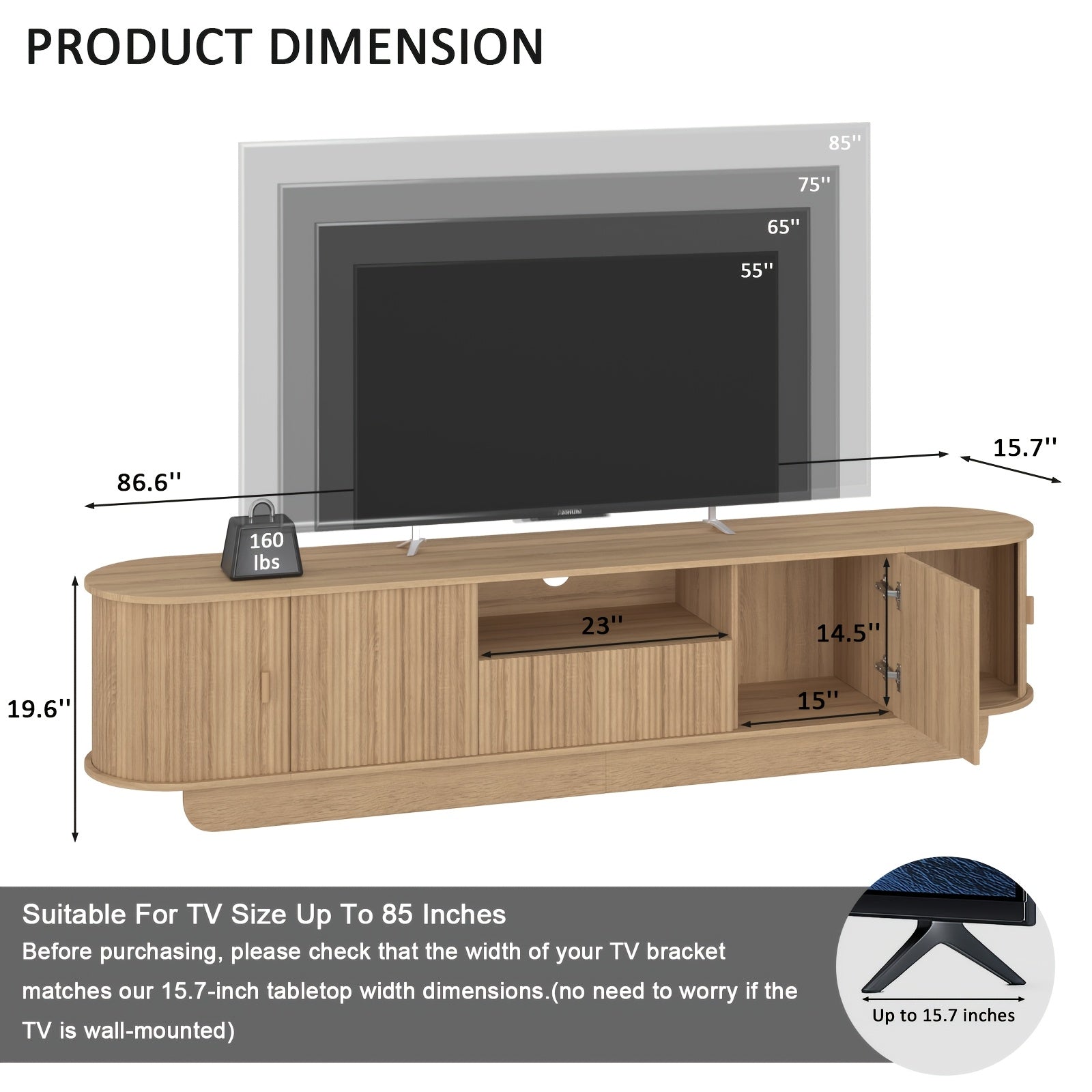 86.6" Curved TV Stand for 65/75/85 Inch Tvs, Media Console with Sliding Doors, Entertainment Center with Storage And Drawers, Mid-Century Modern TV Consoles for Living Room, Bedroom, White, Natural, Gray, Walnut