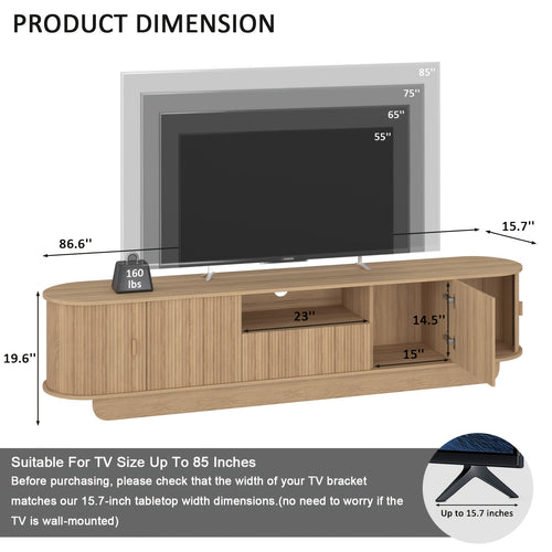 86.6" Curved TV Stand for 65/75/85 Inch Tvs, Media Console with Sliding Doors, Entertainment Center with Storage And Drawers, Mid-Century Modern TV Consoles for Living Room, Bedroom, White, Natural, Gray, Walnut