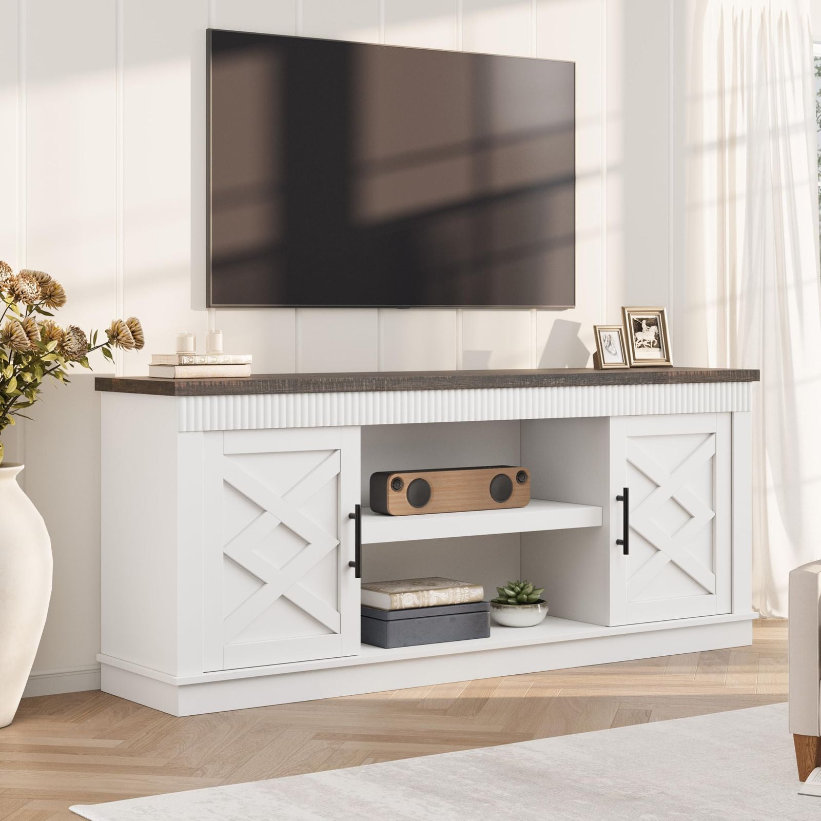 Farmhouse TV Stand for 65-70 Inch TVs | 65-Inch Long Entertainment Center with 2 Doors & Open Storage Shelf, Rustic Fluted Hardwood Television Console, GAOMON Brand for Living Room, Bedroom