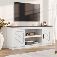 Farmhouse TV Stand for 65-70 Inch TVs | 65-Inch Long Entertainment Center with 2 Doors & Open Storage Shelf, Rustic Fluted Hardwood Television Console, GAOMON Brand for Living Room, Bedroom