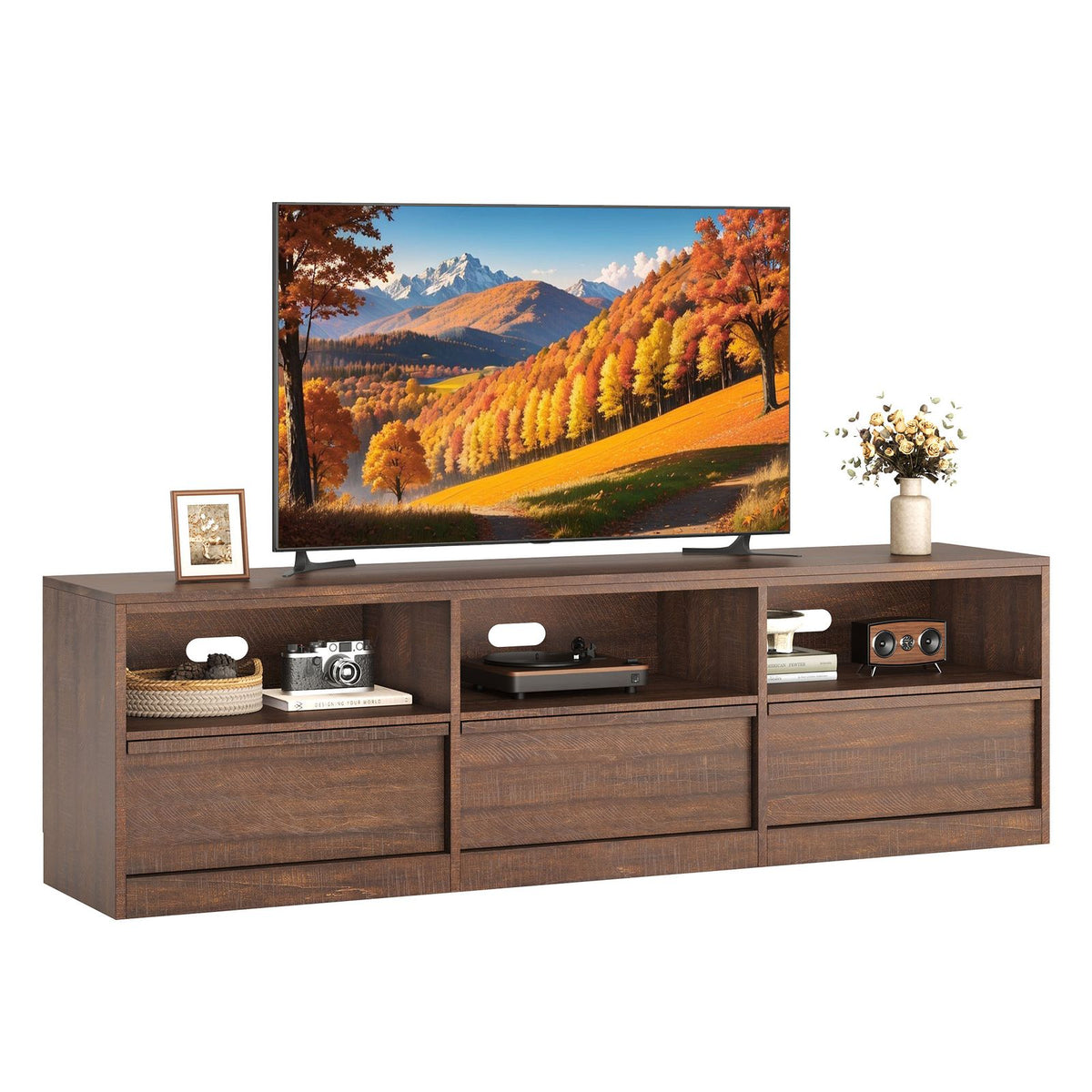 70 Inch TV Stand for 80" TVs, Mid Century Modern Entertainment Center with Storage Drawer & Open Shelves, Wood Media Console Cabinet for Living Room/ Bedroom, Vintage