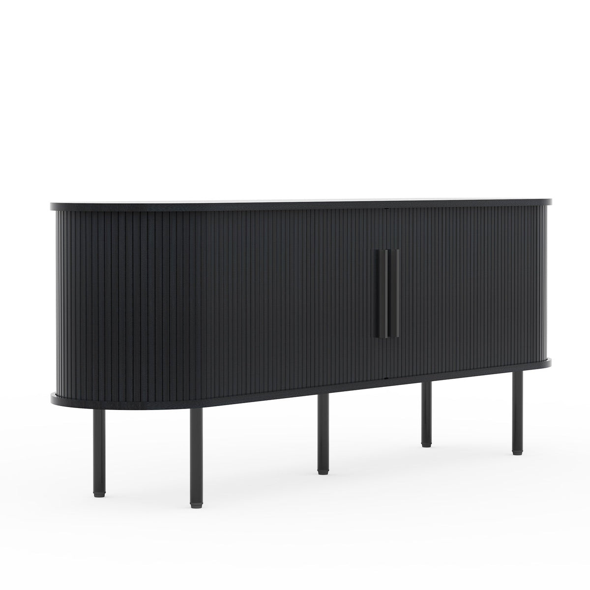Black Embossed Particle Board TV Stand, Oval Tabletop 147×35×58cm, Entertainment Center with Slatted Sliding Doors, Modern Media Console Cabinet for Living Room