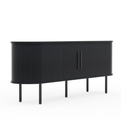 Black Embossed Particle Board TV Stand, Oval Tabletop 147×35×58cm, Entertainment Center with Slatted Sliding Doors, Modern Media Console Cabinet for Living Room