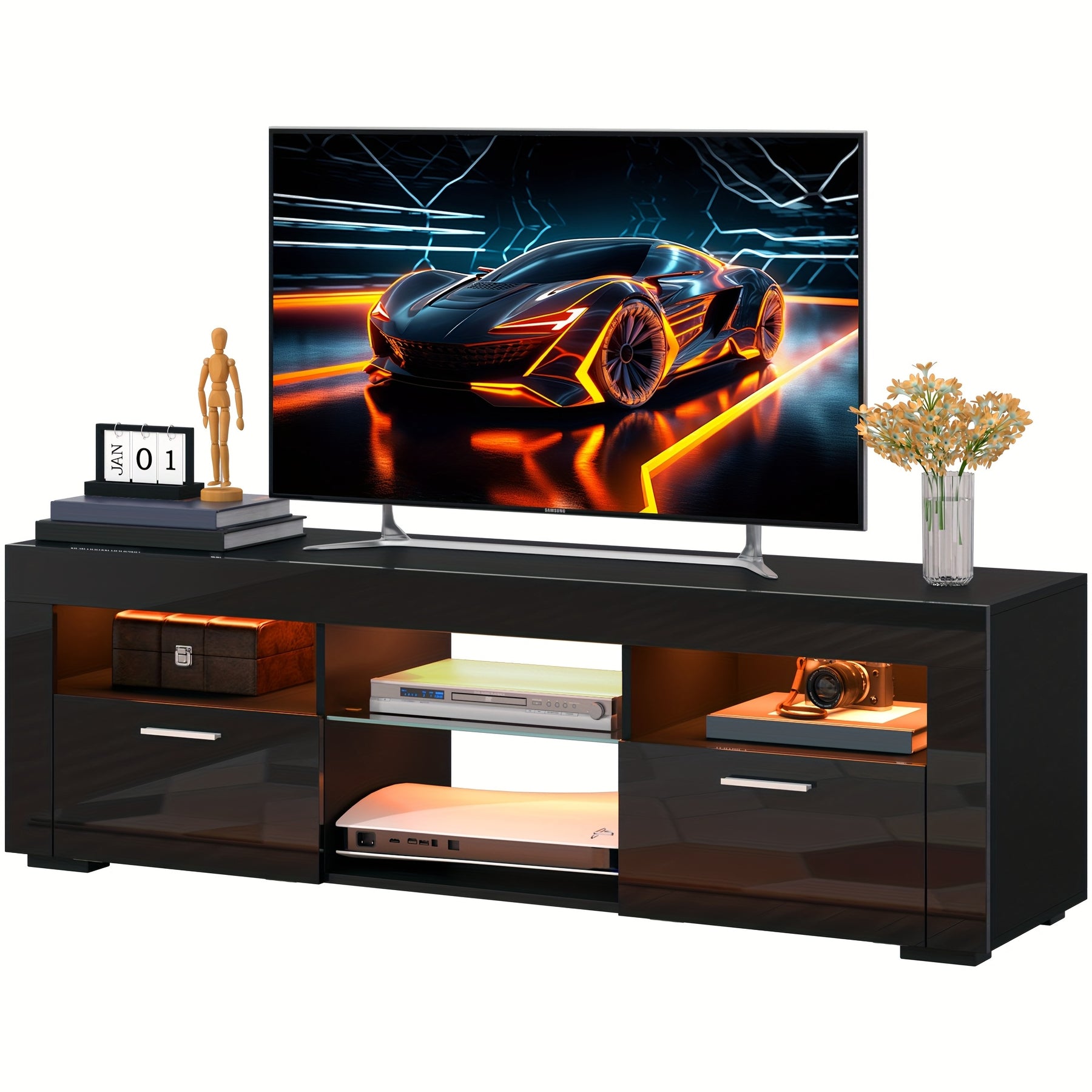 White TV Stand for 50/55 Inch TV, 56" Entertainment Center with LED Lights, Modern TV Stands for Bedroom, TV Console Table with Storage Cabinets And Open Adjustable Shelves for Living Room Bedroom