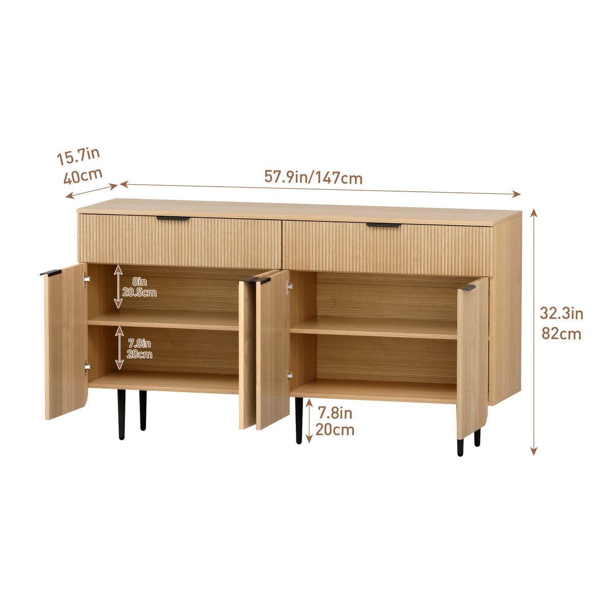 Modern Fluted TV Stand for 70/75/80 Inch TV, Wood TV Console Table with Large Storage, Accent Buffet Cabinet with 4 Doors And 2 Drawers, Storage TV Cabinet for Bedroom, Living Room, Entryway, Blue Or Wood