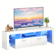 A Sleek LED TV Stand Designed for 55 to 80-Inch Televisions, Featuring a Universal Entertainment Center Equipped with Storage Drawers And LED Lighting. This Contemporary Media Console Is Suitable for Your Living Room, Game Room, Or Bedroom