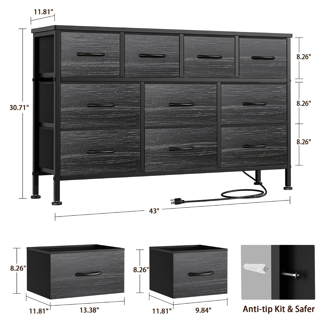 10 Drawer Fabric Dresser with Metal Frame And Wood Top, Fabric Storage Dresser with Power Outlet, TV Stand Dresser for 55'' TV, Fabric Storage Tower, Chest Of Drawers for Bedroom, Closet, Hallway