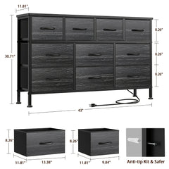 10 Drawer Fabric Dresser with Metal Frame And Wood Top, Fabric Storage Dresser with Power Outlet, TV Stand Dresser for 55'' TV, Fabric Storage Tower, Chest Of Drawers for Bedroom, Closet, Hallway