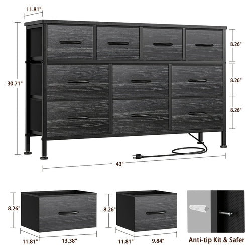 10 Drawer Fabric Dresser with Metal Frame And Wood Top, Fabric Storage Dresser with Power Outlet, TV Stand Dresser for 55'' TV, Fabric Storage Tower, Chest Of Drawers for Bedroom, Closet, Hallway