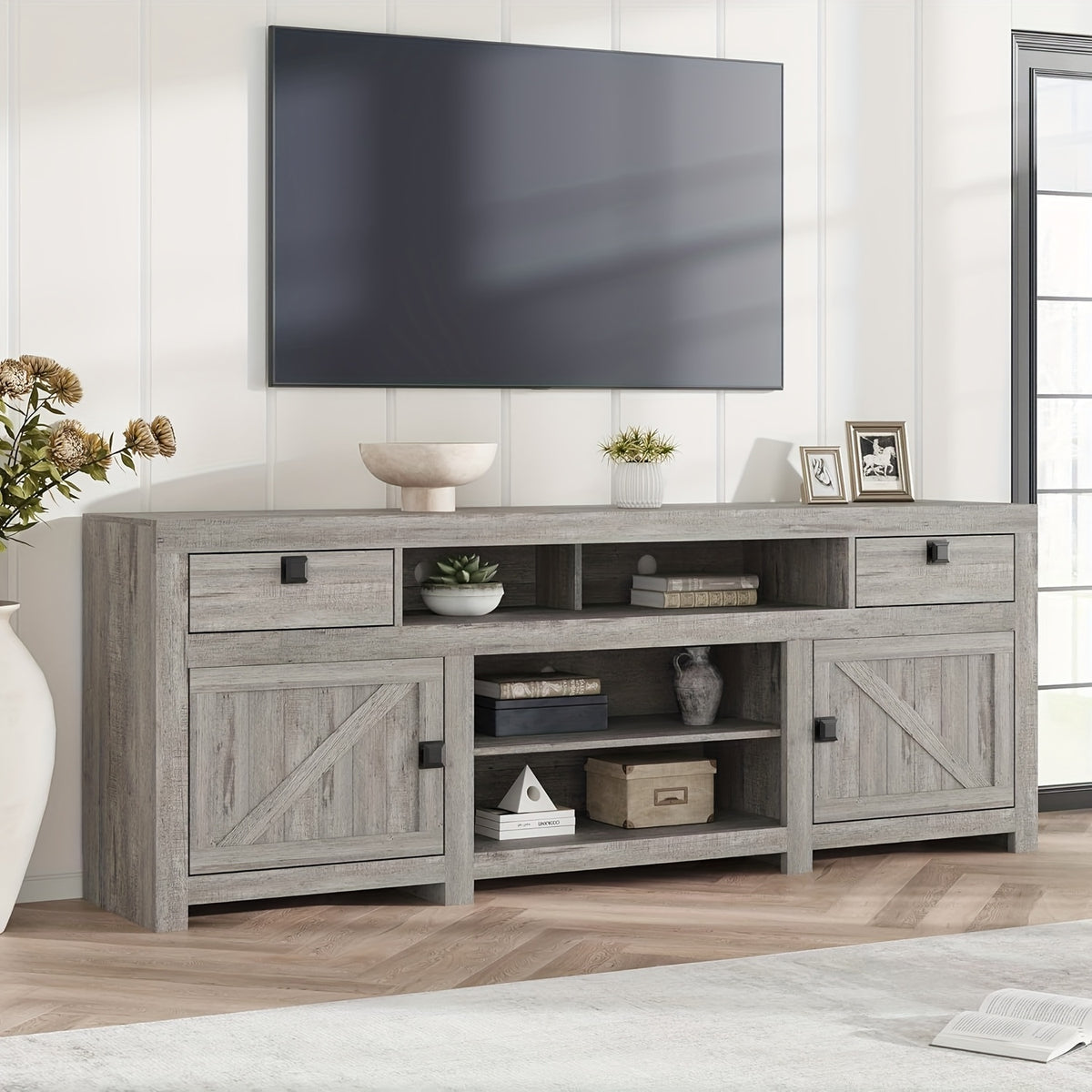 70. 1 Inch TV Stand with Doors And Drawers for TVs Under 80 Inch, Modern Entertainment Center, TV Media Cabinet, Multi-Function Organizer with Open Storage Space for Living Room, Bedroom (Antique White/ Gray)