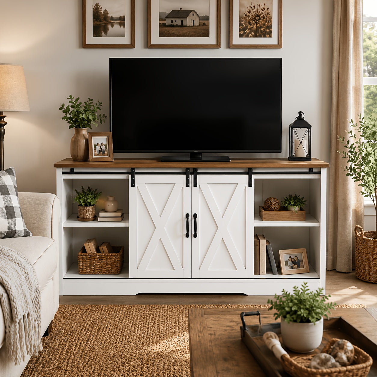 Modern Farmhouse Media Entertainment Center, Sliding Barn Door TV Stand Fits 65 Inch Television, TV Console with Storage Cabinets And Removable Adjustable Shelves, Suitable for Living Room & Bedroom, Available In White And Black