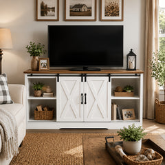 Modern Farmhouse Media Entertainment Center, Sliding Barn Door TV Stand Fits 65 Inch Television, TV Console with Storage Cabinets And Removable Adjustable Shelves, Suitable for Living Room & Bedroom, Available In White And Black