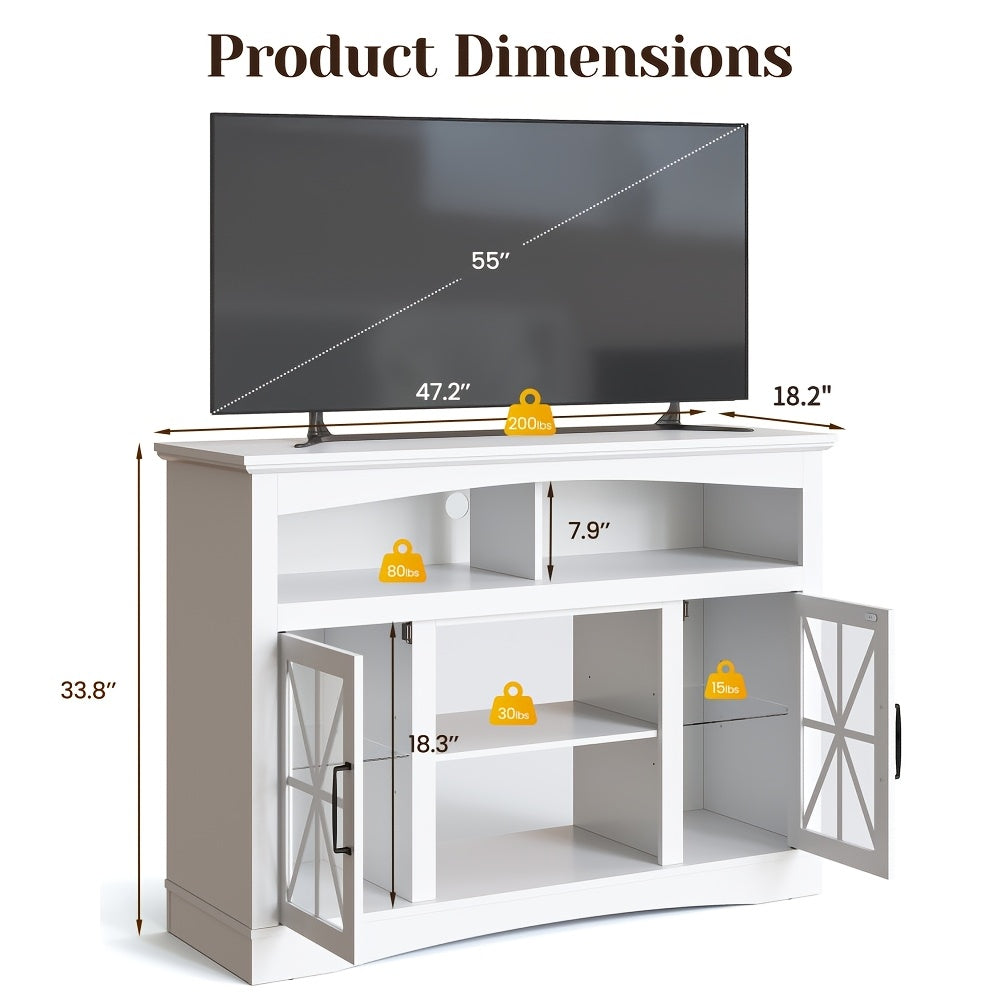 Retro TV Stand, Country Style TV Cabinet with Adjustable Shelves, Glass Doors, Multimedia Storage for Living Room, Bedroom, Kitchen, White