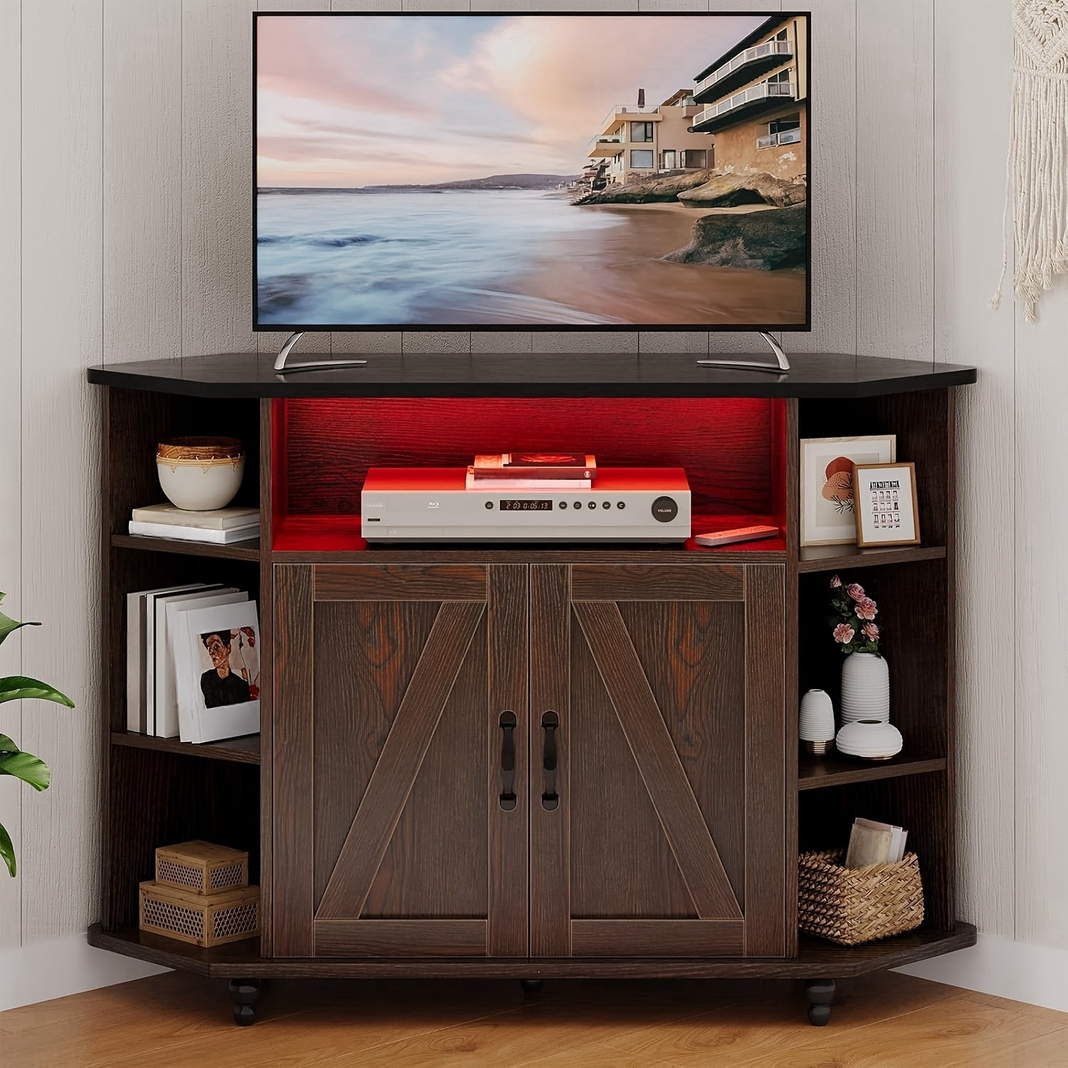 Office Rustic Oak White Brown Grey Corner TV Stand for 55 Inch with LED Lights, Studio Corner TV Cabinet with Adjustable Shelves, Corner Entertainment Center with Barn Doors for Office, Studio, Rustic Oak White Brown Grey
