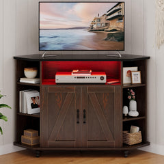 Office Rustic Oak White Brown Grey Corner TV Stand for 55 Inch with LED Lights, Studio Corner TV Cabinet with Adjustable Shelves, Corner Entertainment Center with Barn Doors for Office, Studio, Rustic Oak White Brown Grey