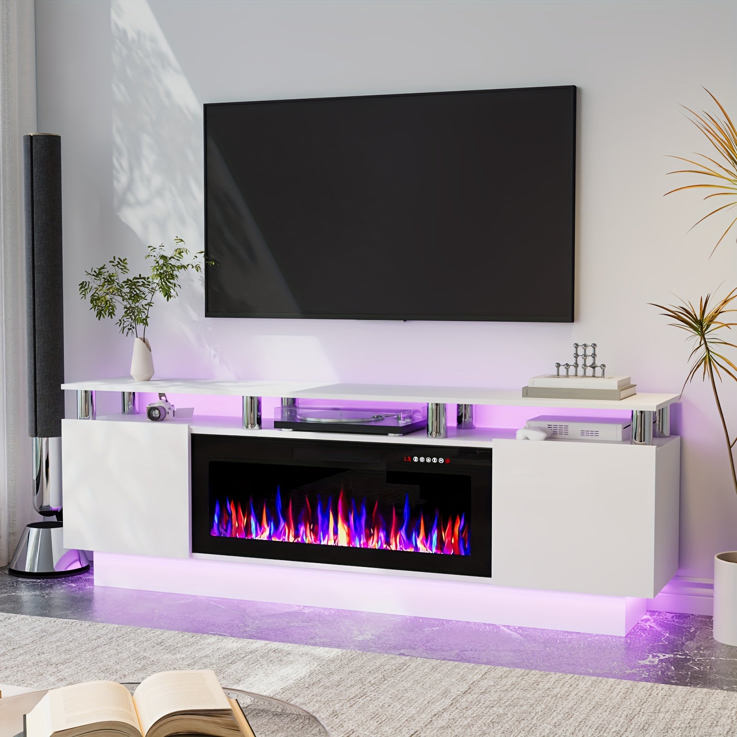 Fireplace TV Stand for Living Room, Entertainment Center with 36" Fireplace, Black Electric Fireplace TV Stand, Modern TV Stand Fireplace for TVs Up to 80", 70 Inch TV Stand with LED Light Strips