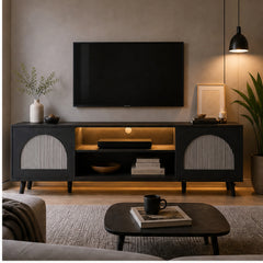 Modern White TV Stand with LED Ambient Light, Arched Fluted Glass Doors, Media Console with Open Shelves And Cable Management Hole, 330Lbs Capacity Fits 70 Inch TV for Living Room Bedroom