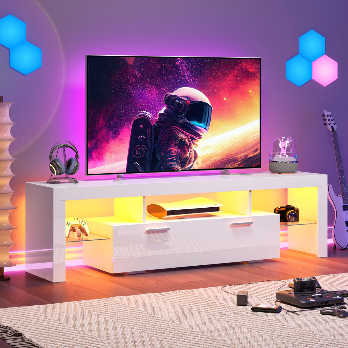 71" High Gloss White TV Stand with LED Lights for 55/65/75/80 Inch TVs, Gaming Entertainment Center with Cabinet for PS5, Modern Media Console Table with Glass Shelves for Living Room, Game Room, Bedroom
