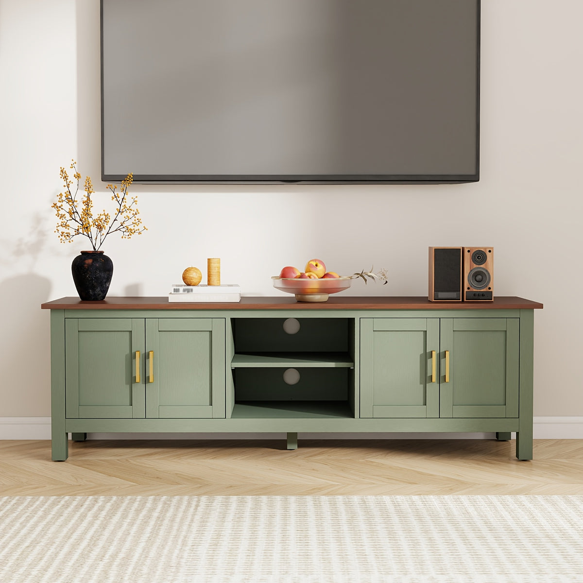 63 Inch TV Stand for TVs Up to 75", Farmhouse Entertainment Center with Storage, Wood TV Console with Cabinet, Under TV Cabinet for Living Room
