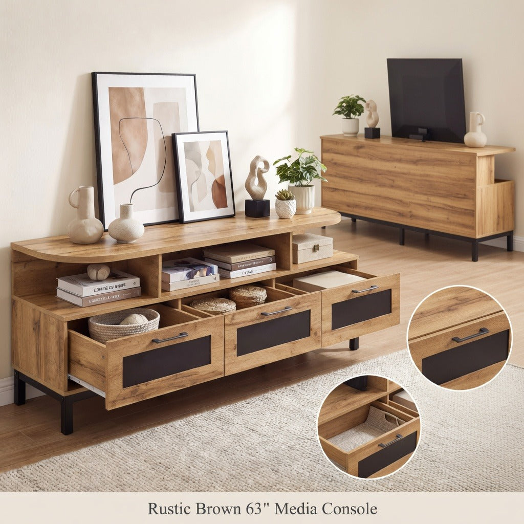 63 Inch Modern Rustic TV Stand Media Console with 3 Storage Drawers & Open Shelves - Engineered Wood Suitable for Living Room, Wide Entertainment Center for Flat-Screen TVs, Books, Media Storage, Assembly