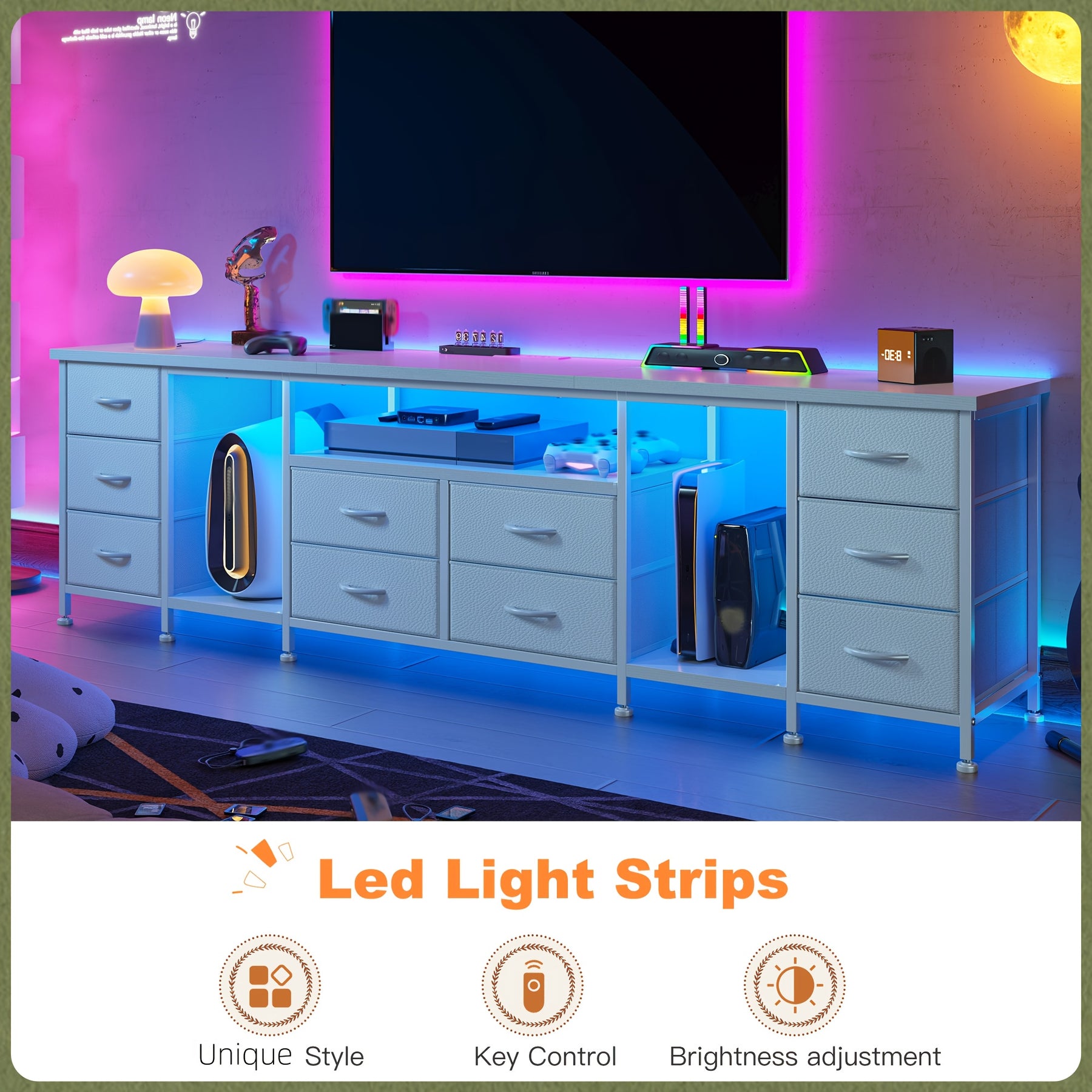 "85" TV Stand Dresser For 75-85" TVs, 75.5" Wide Entertainment Center With LED Lights, 10 Drawers & Power Outlets, Modern Bedroom Dresser (Brown/Black/White)