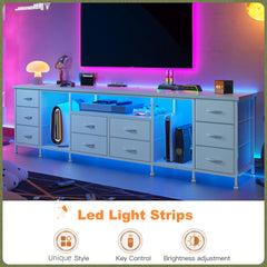"85" TV Stand Dresser For 75-85" TVs, 75.5" Wide Entertainment Center With LED Lights, 10 Drawers & Power Outlets, Modern Bedroom Dresser (Brown/Black/White)