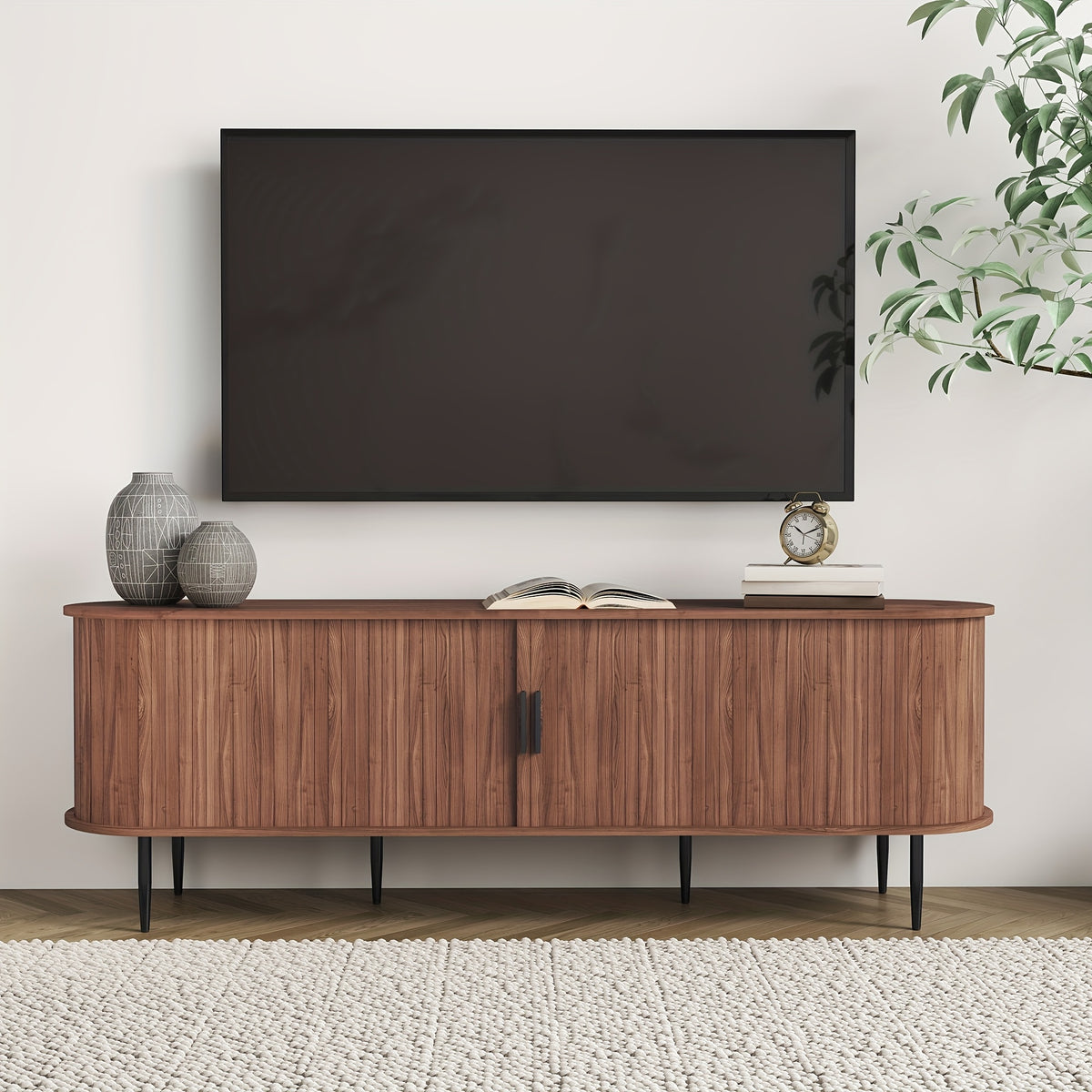 70" Modern TV Stand with Tambour Door for Tvs Up to 80", Entertainment Center with Storage, Fluted Television Consoles for Living Room