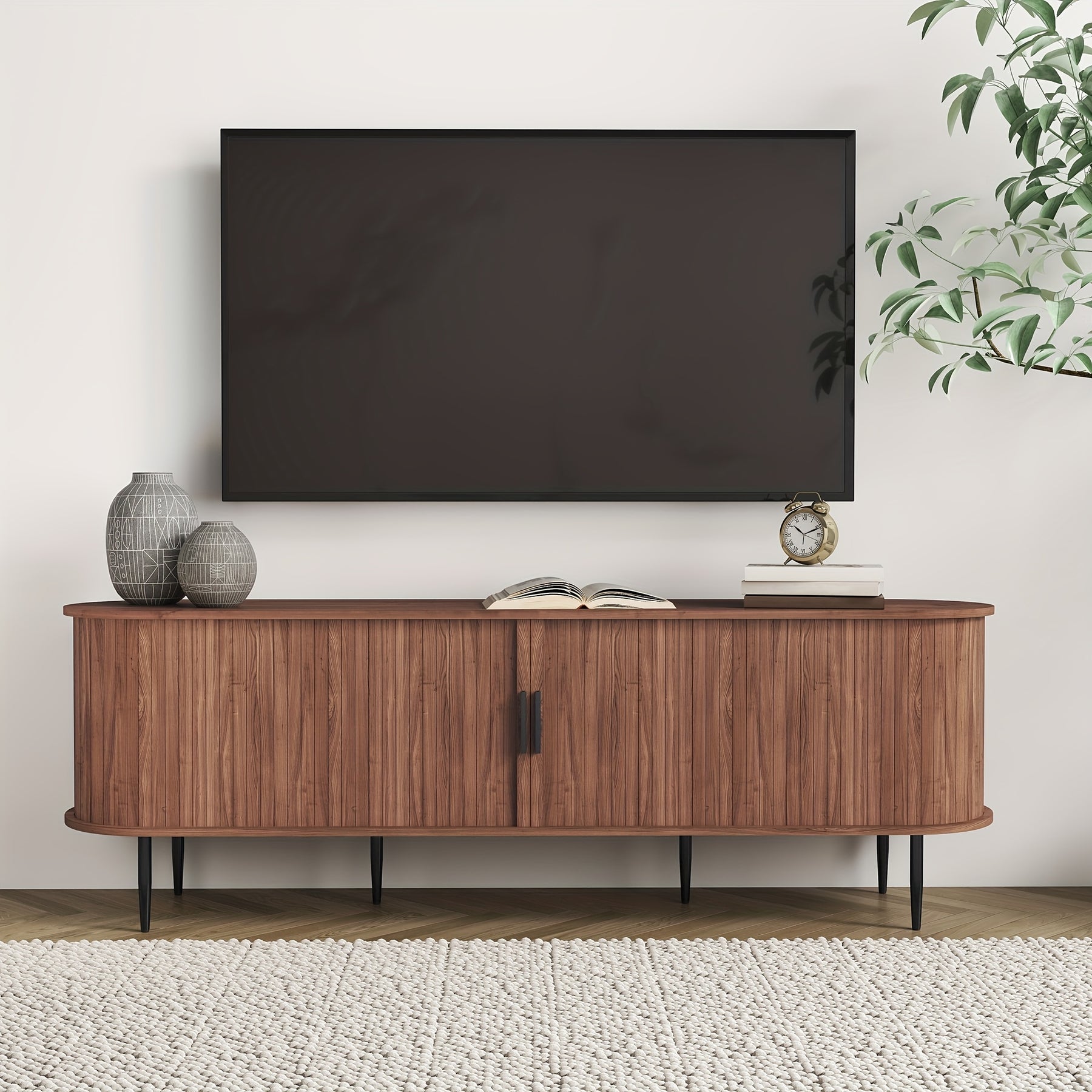 70" Modern TV Stand with Tambour Door for Tvs Up to 80", Entertainment Center with Storage, Fluted Television Consoles for Living Room