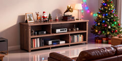 Dark Brown Particle Board TV Stand, 70.07"×15.75"×24.4" Double Layer Entertainment Center with Open Storage Shelves, Modern TV Console for Living Room & Bedroom